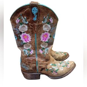 Macie Bean Brown Boots with Floral Embroidery Youth Size 3 Some Wear